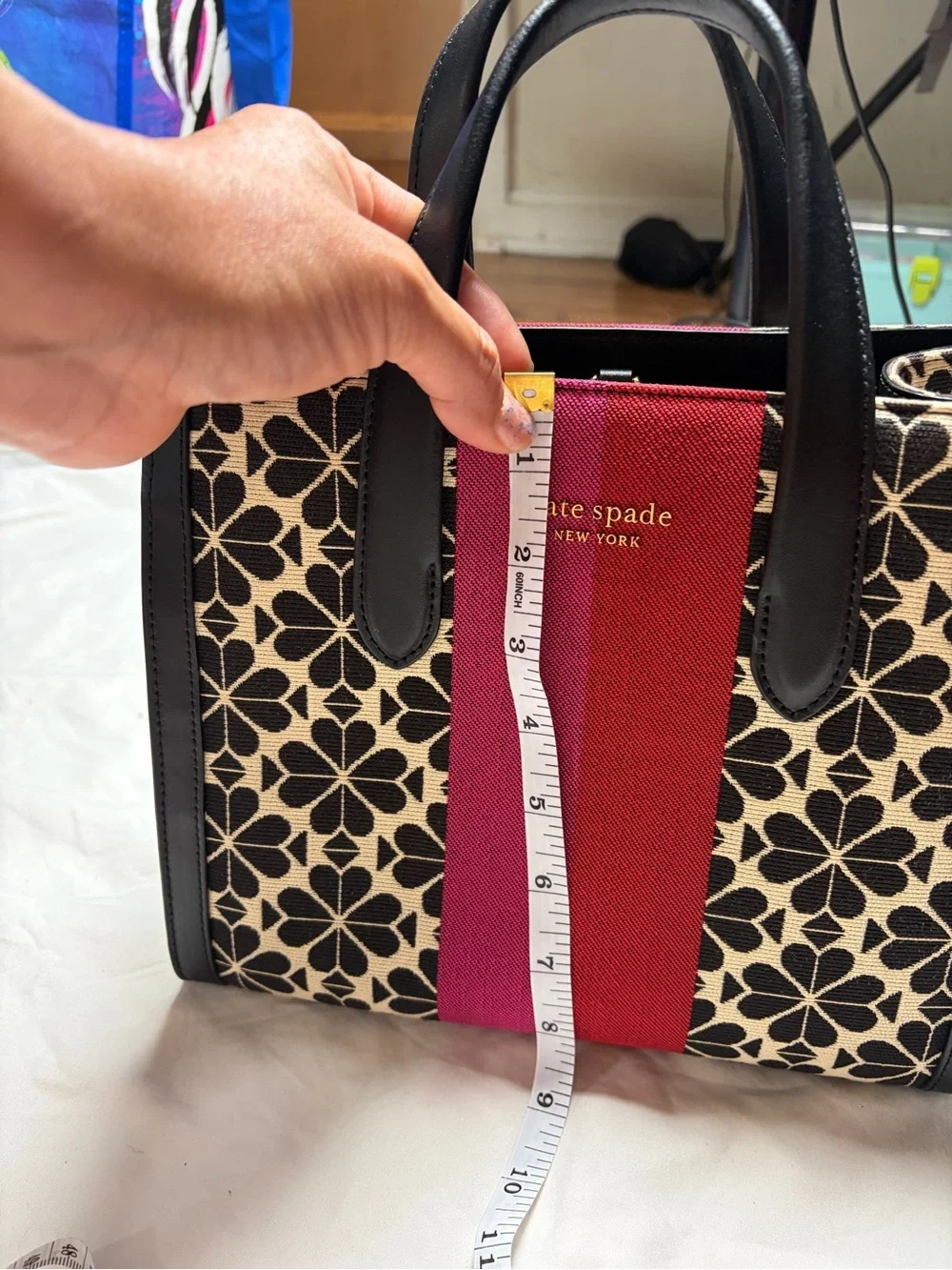kate spade Black & Cream Floral Canvas Tote with Fuchsia Center Stripe